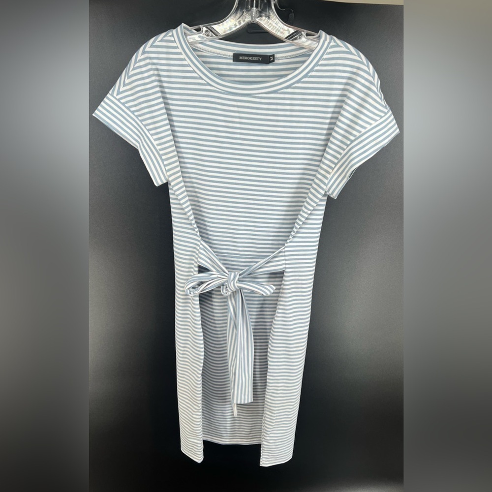 Merokeety blue and white tie waist striped short sleeve dress with pockets M - Picture 4 of 10
